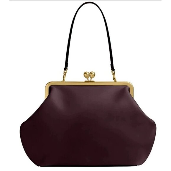 New Coach Kisslock Frame Bag Oversize Black Current Purple Tote Shoulder Leather